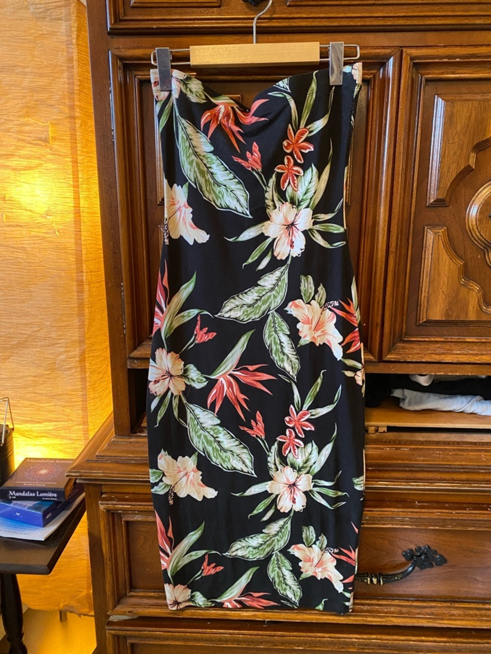 Streetwear Society Black Floral Strapless Dress with Coral Accents